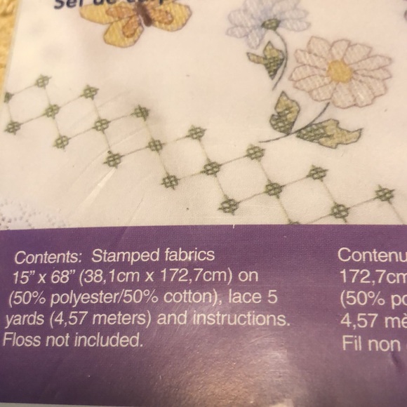 Bucilla Stamped Cross Stitch Dresser Scarf & Doily Set #65349 Daisies, Butterfly - Picture 5 of 6